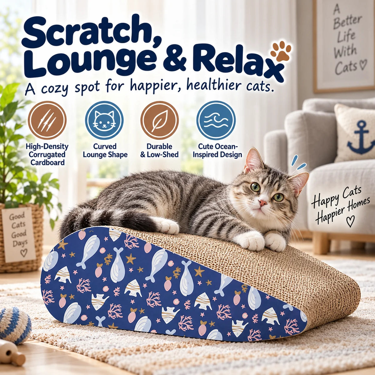 🐾 Waterdrop Sloped Cat Scratcher – High-Density Corrugated Cardboard Lounge & Scratch Board for Indoor Cats 🐱