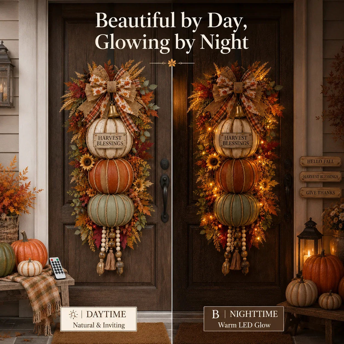 🎁 Last Day 50% OFF✨-🎄Lighted Stacked Pumpkin Fall Door Decor for Cozy Autumn Home Entryway Charm 🍂