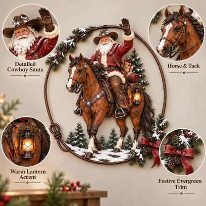 🔥Hot Sale🔥 - 🤠🐎 Cowboy Santa Ranch Christmas Wall Art – Rustic Horse & Lasso Holiday Accent