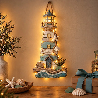 🌊🏠 Coastal Driftwood Lighthouse Wall Decor – Rustic Beach House Hanging Accent