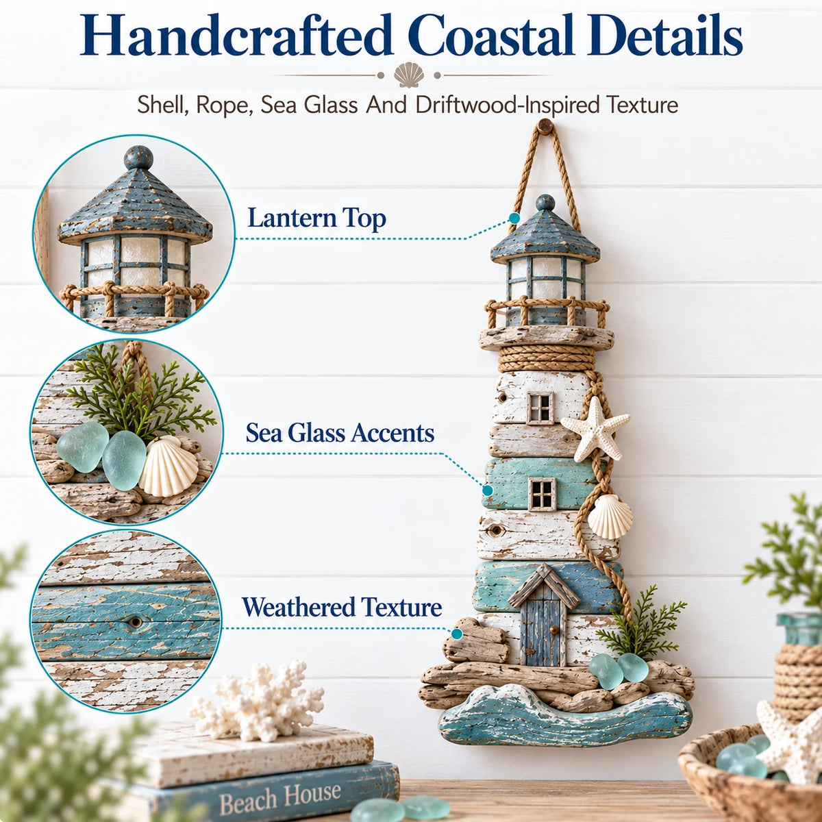 🌊🏠 Coastal Driftwood Lighthouse Wall Decor – Rustic Beach House Hanging Accent