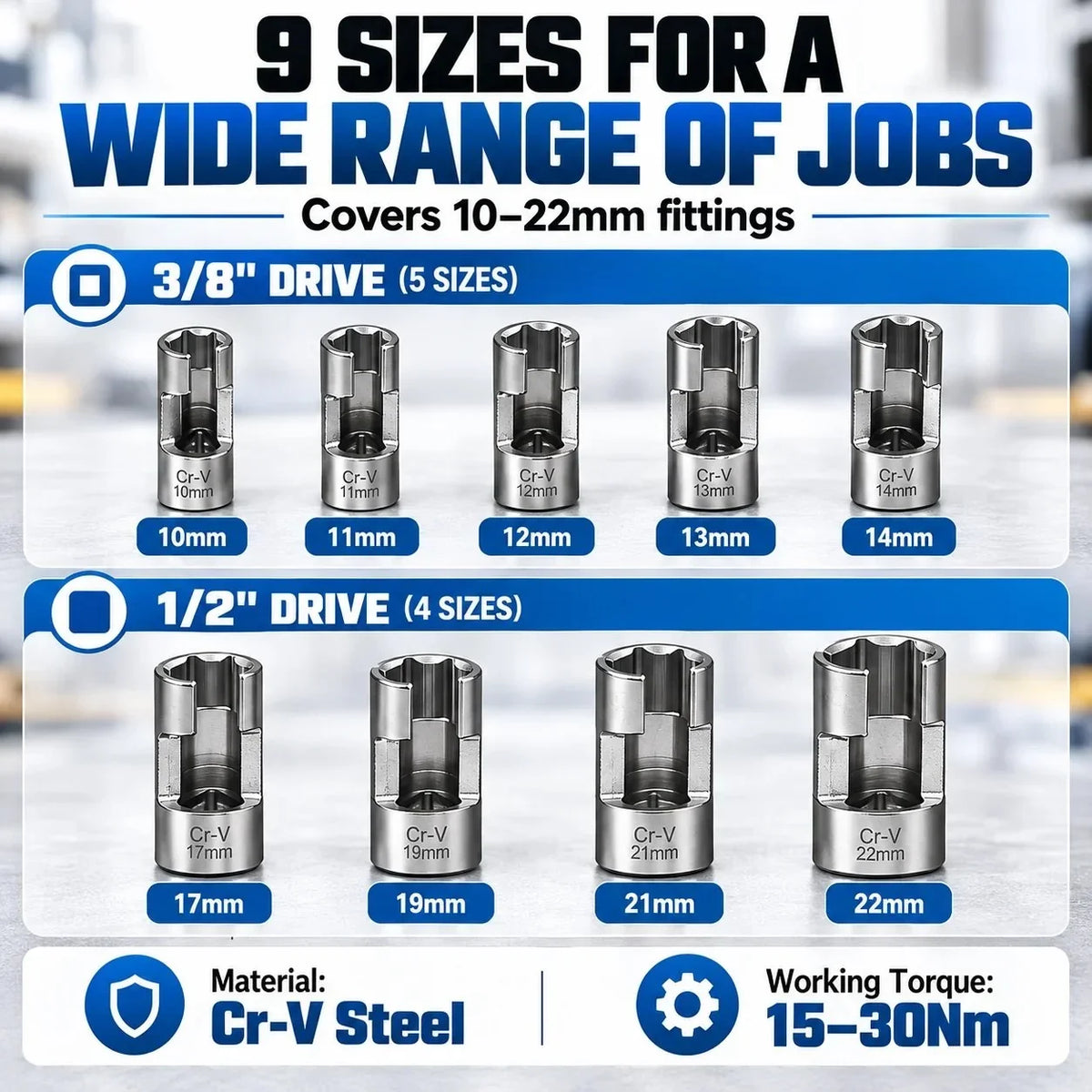 9-Piece Injector & Sensor Line Socket Set – 10–22mm Open-Side Cr-V Sockets, 3/8' & 1/2' Drive