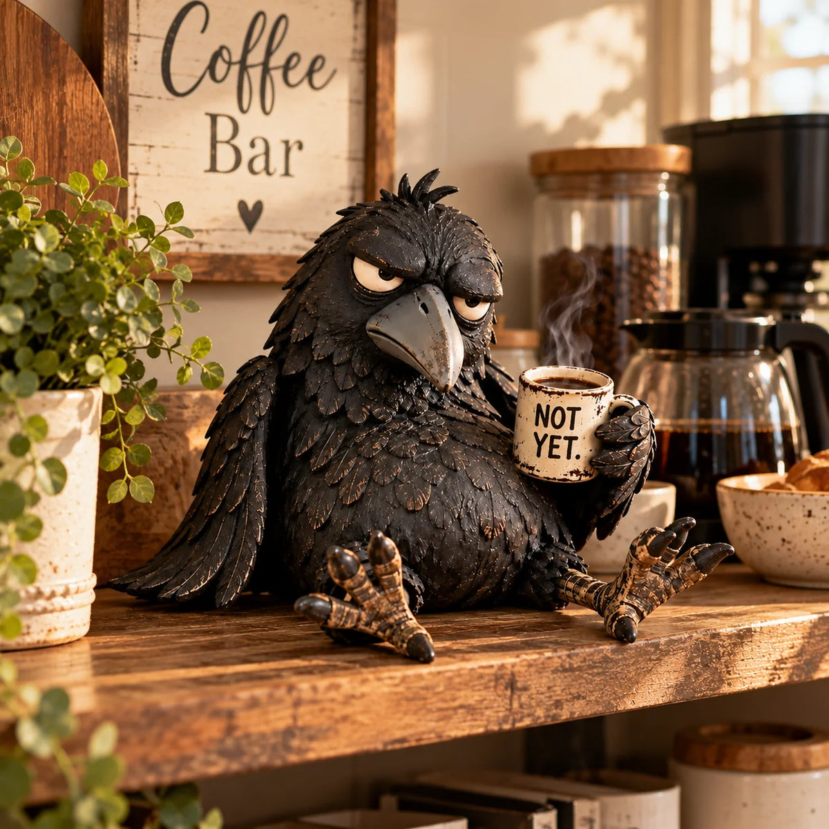 🔥 Last Day 50% Off-🐦‍⬛Grumpy Coffee Raven Figurine – “not Yet” Funny Morning Decor