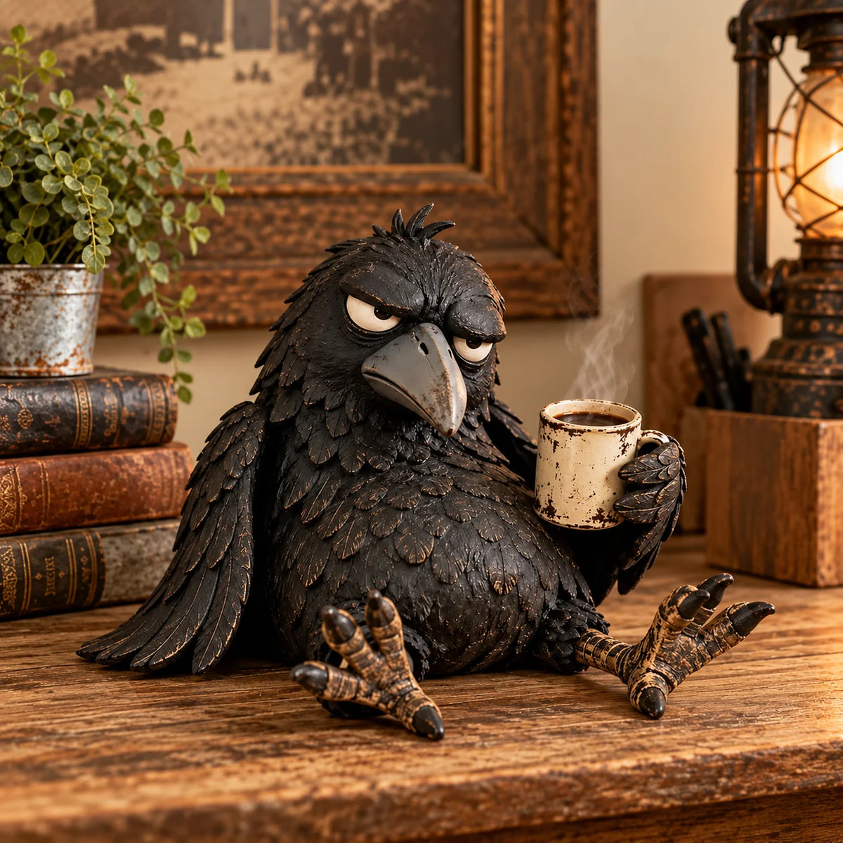 🔥 Last Day 50% Off-🐦‍⬛Grumpy Coffee Raven Figurine – “not Yet” Funny Morning Decor