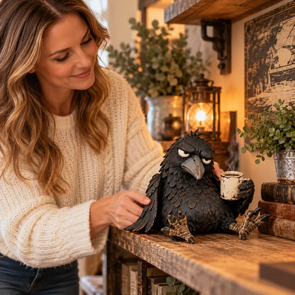 🔥 Last Day 50% Off-🐦‍⬛Grumpy Coffee Raven Figurine – “not Yet” Funny Morning Decor