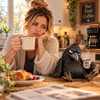 🔥 Last Day 50% Off-🐦‍⬛Grumpy Coffee Raven Figurine – “not Yet” Funny Morning Decor