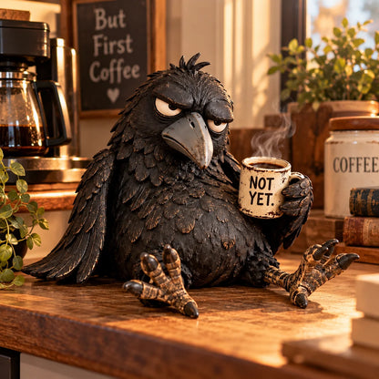 🔥 Last Day 50% Off-🐦‍⬛Grumpy Coffee Raven Figurine – “not Yet” Funny Morning Decor