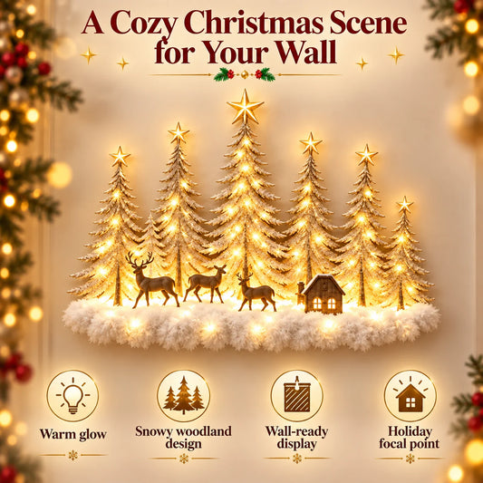 🌲 Lighted Winter Woodland Forest Wall Decor – Warm LED Christmas Tree, Deer & Cottage Scene