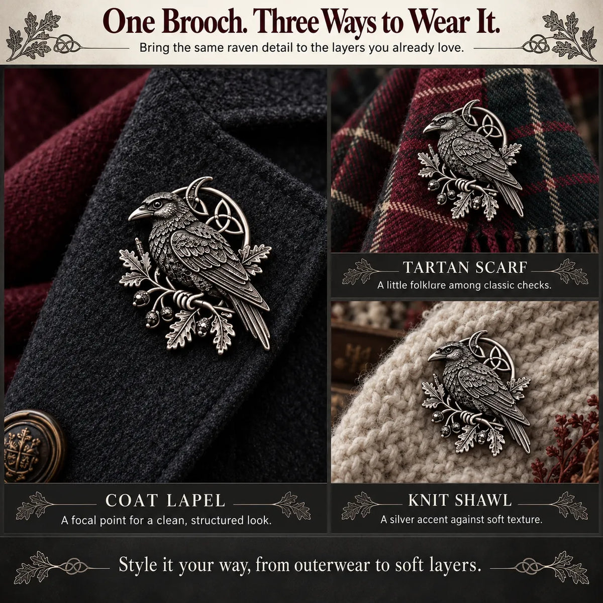 🔥 Last Day 50% Off-🐦‍⬛Gothic Celtic Raven Brooch – Dark Academia Statement Pin
