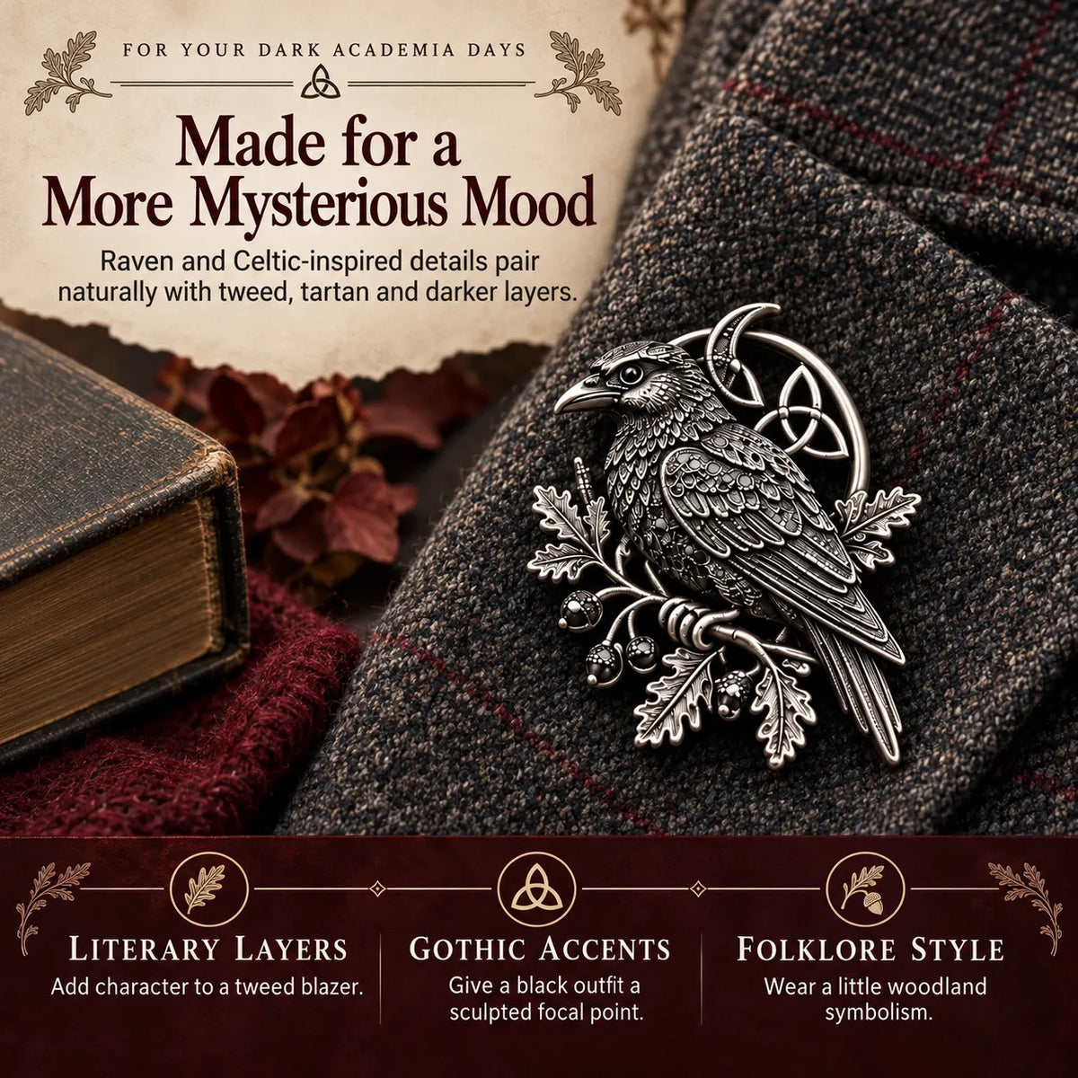 🔥 Last Day 50% Off-🐦‍⬛Gothic Celtic Raven Brooch – Dark Academia Statement Pin