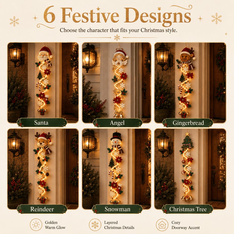 ⏳ 65% OFF – 🎄MerryCascade™ Glowing Christmas Door Hanger | 6 Festive Lighted Designs with Warm Glow, Dimensional Details & Space-Saving Vertical Décor ✨