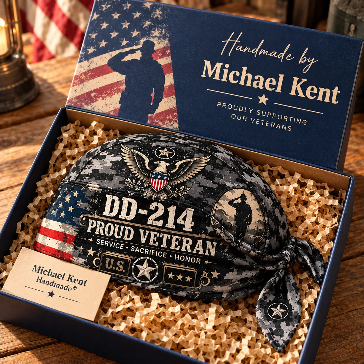 100% Handmade DD-214 Proud Veteran Camo Head Wrap Cap(𝗧𝗵𝗼𝗺𝗮𝘀 𝗠𝗶𝗹𝗹𝗲𝗿 𝐇𝐚𝐧𝐝𝐦𝐚𝐝𝐞®)