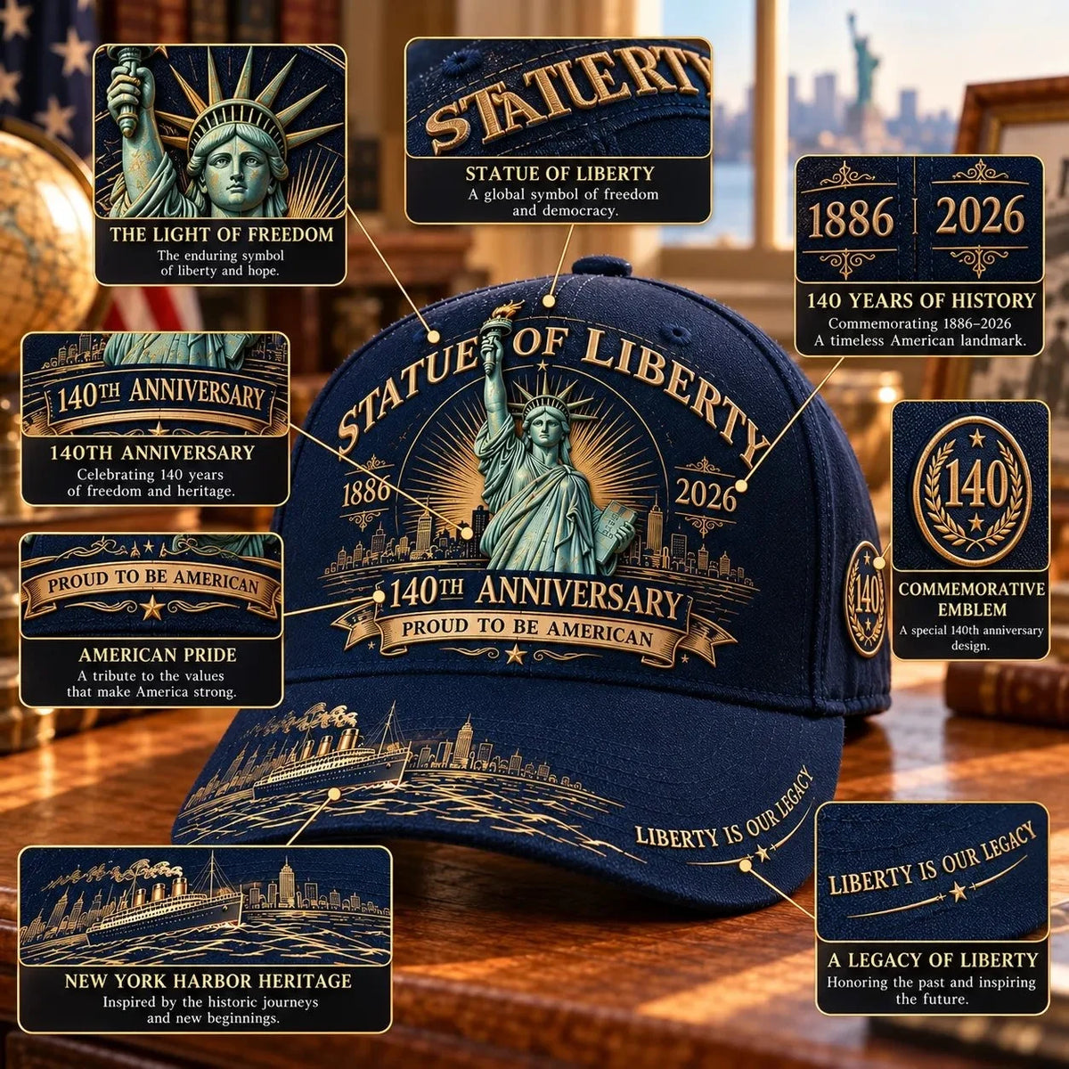 💝last Day 49% Off - 🗽 Statue Of Liberty 140th Anniversary 1886–2026 – Premium Embroidered Heritage Cap | Cotton-poly Blend • Detailed Embroidery • Adjustable Fit 🇺🇸