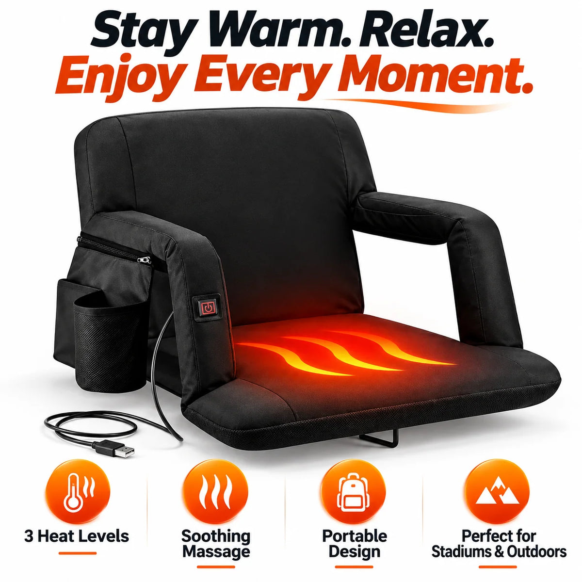 USB Heated Massage Stadium Seat – Portable Reclining Bleacher Chair with 3 Heat Levels, Foldable Armrests & Cup Holder