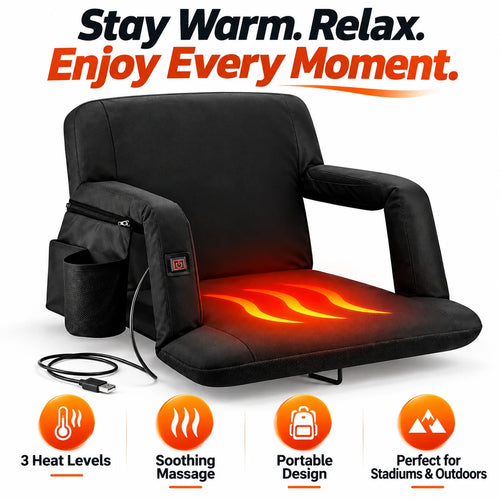 USB Heated Massage Stadium Seat – Portable Reclining Bleacher Chair with 3 Heat Levels, Foldable Armrests & Cup Holder