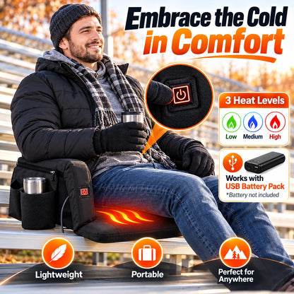 USB Heated Massage Stadium Seat – Portable Reclining Bleacher Chair with 3 Heat Levels, Foldable Armrests & Cup Holder