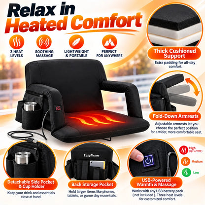 USB Heated Massage Stadium Seat – Portable Reclining Bleacher Chair with 3 Heat Levels, Foldable Armrests & Cup Holder