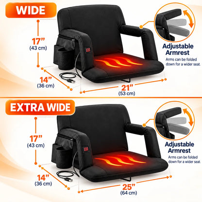 USB Heated Massage Stadium Seat – Portable Reclining Bleacher Chair with 3 Heat Levels, Foldable Armrests & Cup Holder