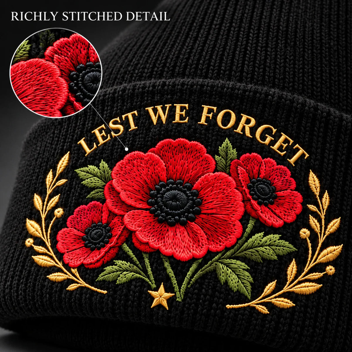 🌺 Lest We Forget — Poppy Tribute Remembrance Beanie