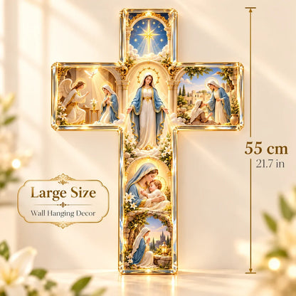 ✝️✨ Mary’s Sacred Journey – Illuminated 6-Scene Cross