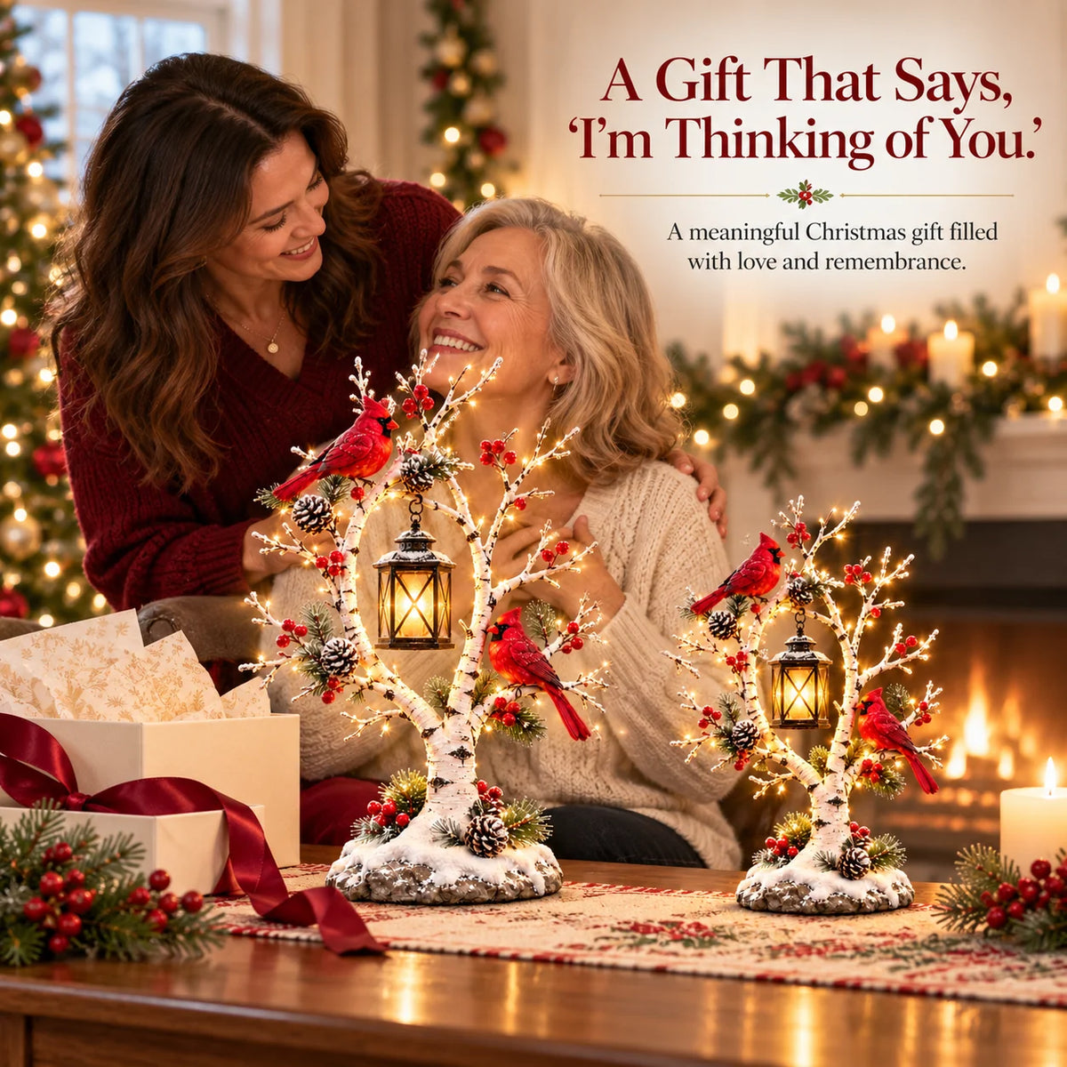 ❤️ Cardinal Winter Lantern Tree™ – Lighted Snowy Birch Tree with Red Cardinals & Hanging Lantern ✨