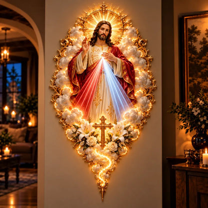 Divine Mercy Jesus Radiant Wall Art – Heavenly Religious Wall Decor with Golden Accents