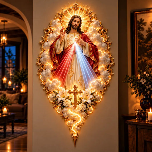 Divine Mercy Jesus Radiant Wall Art – Heavenly Religious Wall Decor with Golden Accents