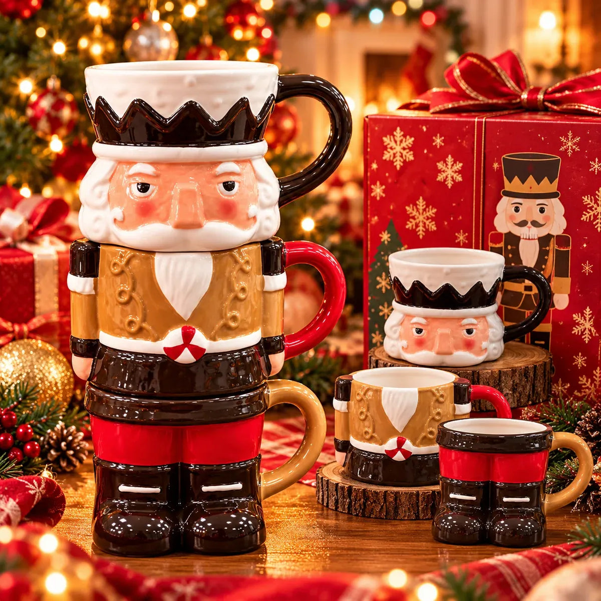🎄 3-Piece Stackable Nutcracker Christmas Mug Set – Festive Ceramic Coffee Cups & Holiday Gift 🎁
