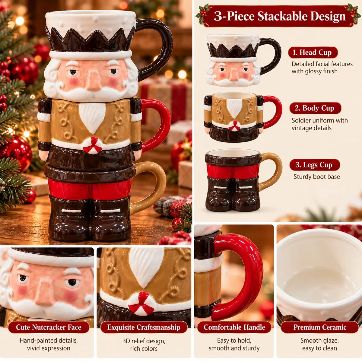 🎄 3-Piece Stackable Nutcracker Christmas Mug Set – Festive Ceramic Coffee Cups & Holiday Gift 🎁