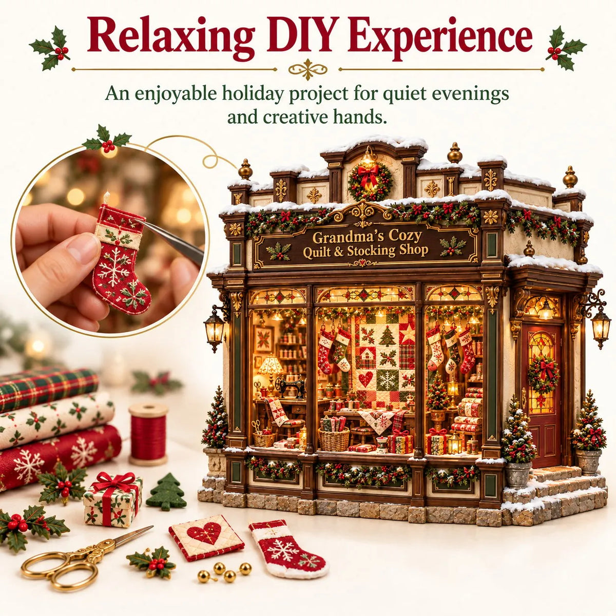 🧵 Grandma’s Cozy Quilt Shop DIY Kit 🎄 | Light-Up Christmas Miniature | Build Your Own Holiday Tradition