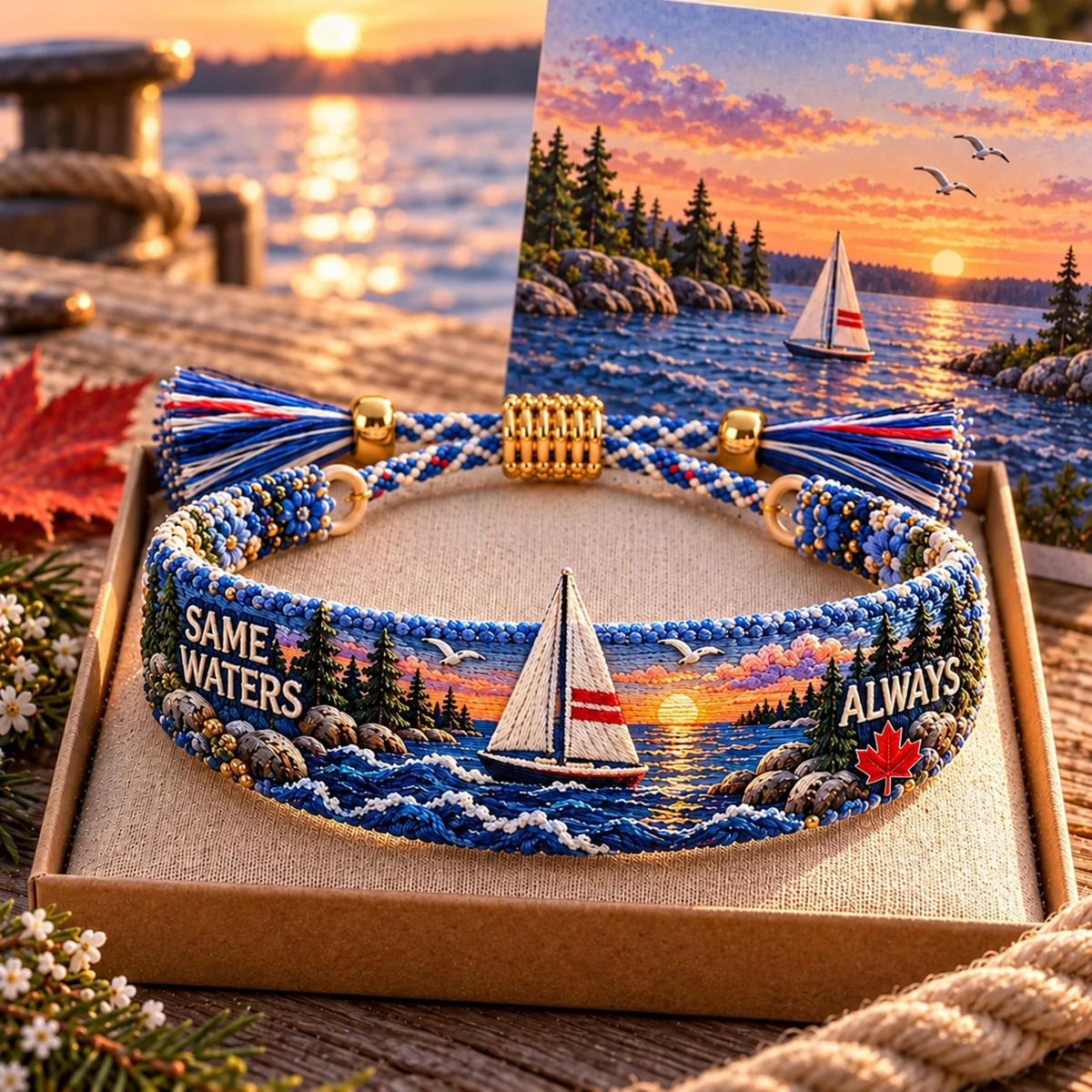 🌊 Lake Ontario Forever Embroidered Bracelet | Scenic Lake Design with Adjustable Woven Band, Meaningful Message & Gift-Ready Keepsake Box 🍁