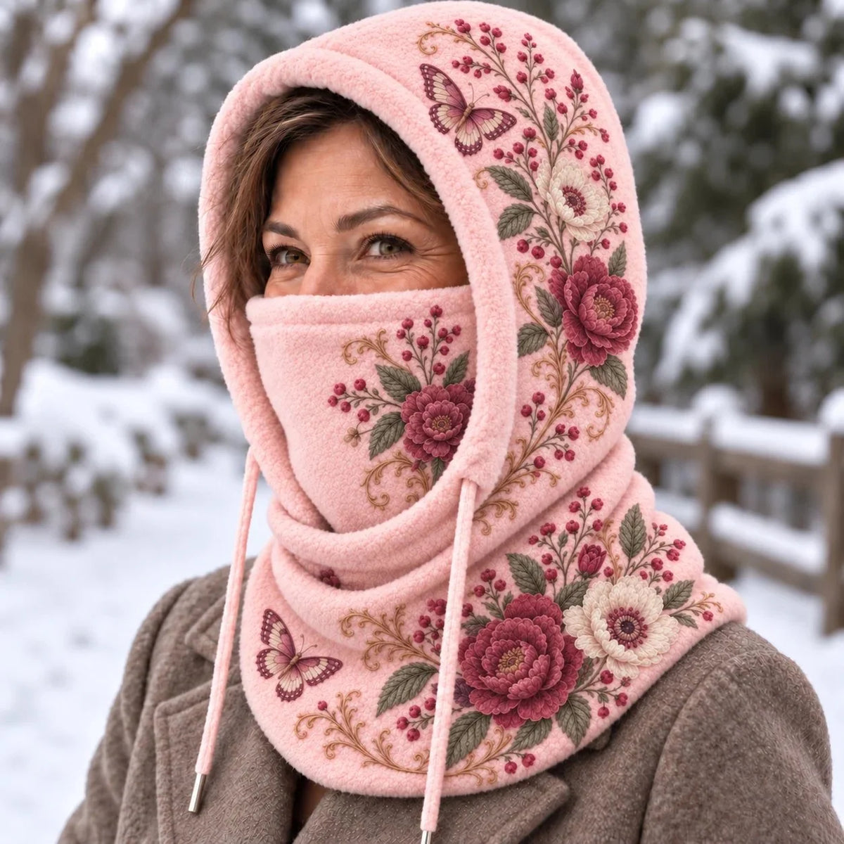 🌸 Women’s Floral 3-in-1 Winter Hood – Fleece-lined Hat, Face Cover & Neck Warmer