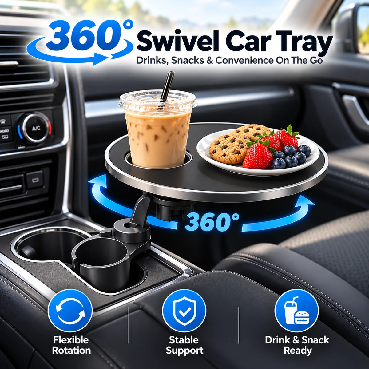 🚗 360° Swivel Car Cup Holder Tray – Adjustable Floating Table for Food, Drinks & Everyday Essentials