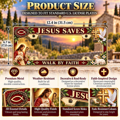 🐑🕊️ “Jesus Saves – Walk by Faith” Jesus Commemorative Metal License Plate Frame