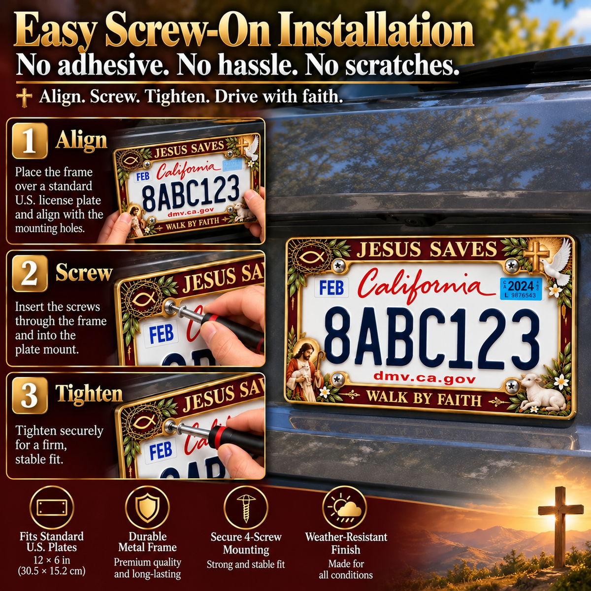 🐑🕊️ “Jesus Saves – Walk by Faith” Jesus Commemorative Metal License Plate Frame