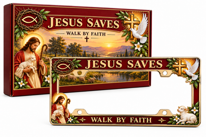 🐑🕊️ “Jesus Saves – Walk by Faith” Jesus Commemorative Metal License Plate Frame