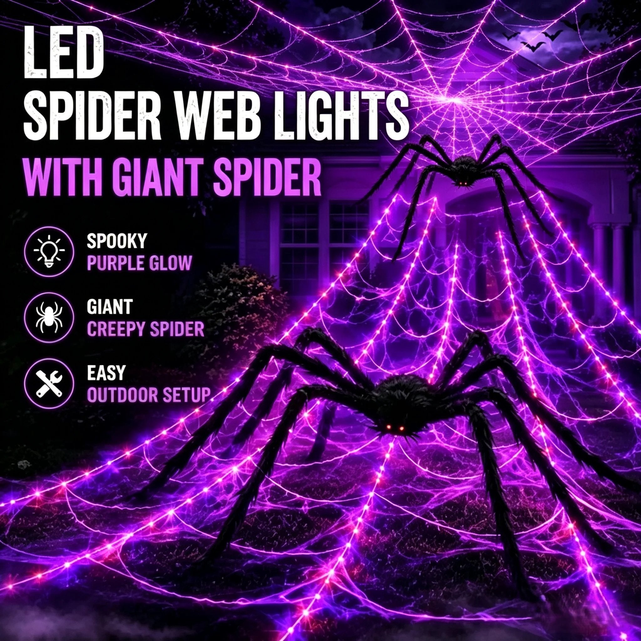 👻Halloween LED Spider Web Lights & Giant Black Spider Decor | 250 LEDs, 8 Modes, Remote Control✨