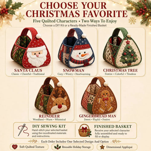 ⭐🎉🎄 Christmas Character Quilted Carry Basket | Padded Patchwork Fabrics, Layered Appliqué & Soft Carry Handle in DIY Kit or Ready-Made Styles 🎁✨
