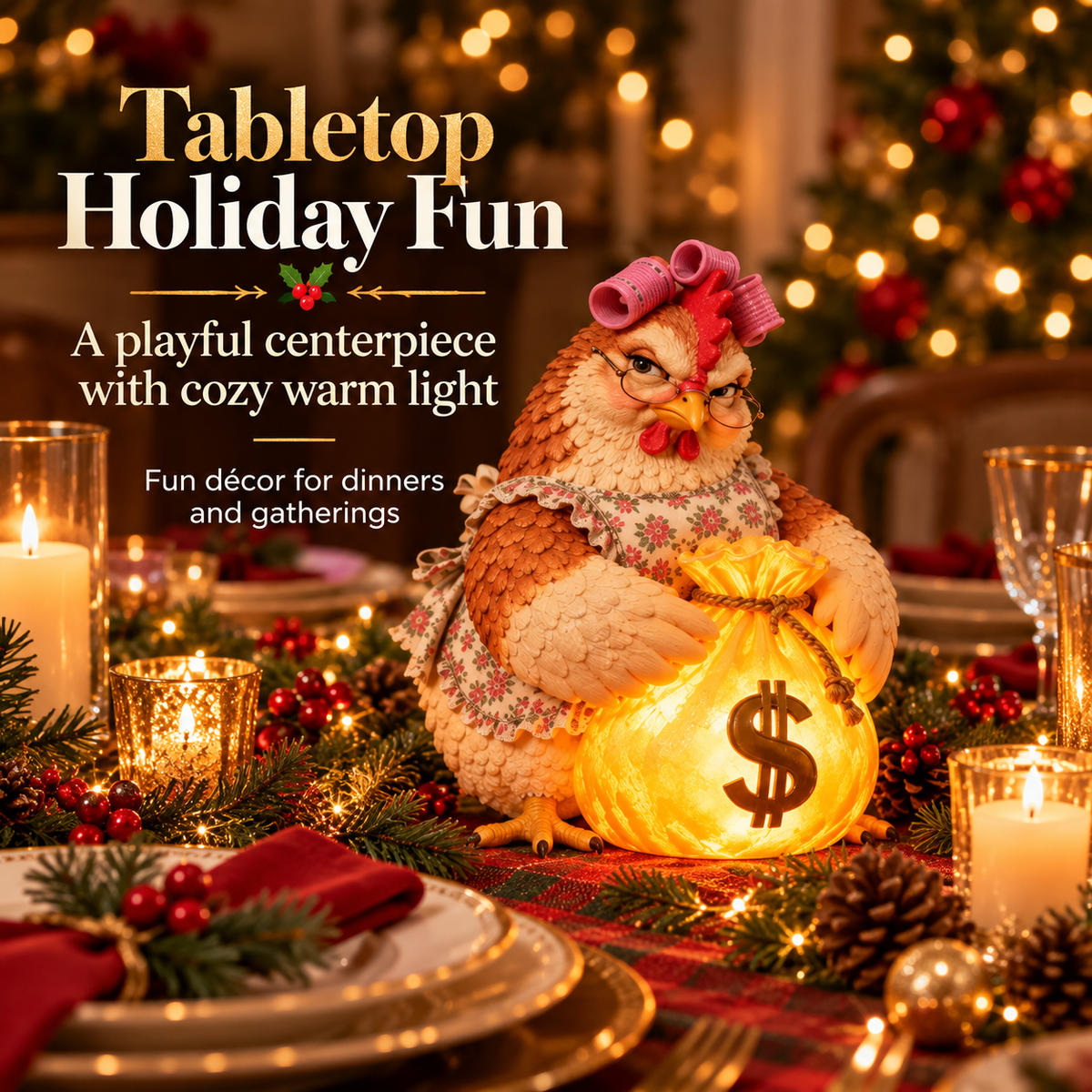 Glowing fortune chicken as a festive Christmas table centerpiece