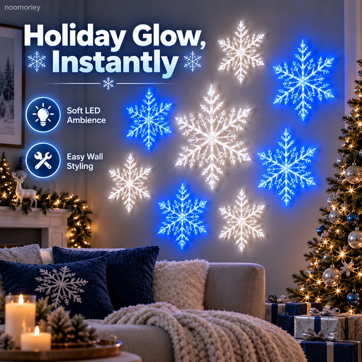 ❄️12 PCS LED Snowflake Wall Lights  – Blue & White Christmas Holiday Decor