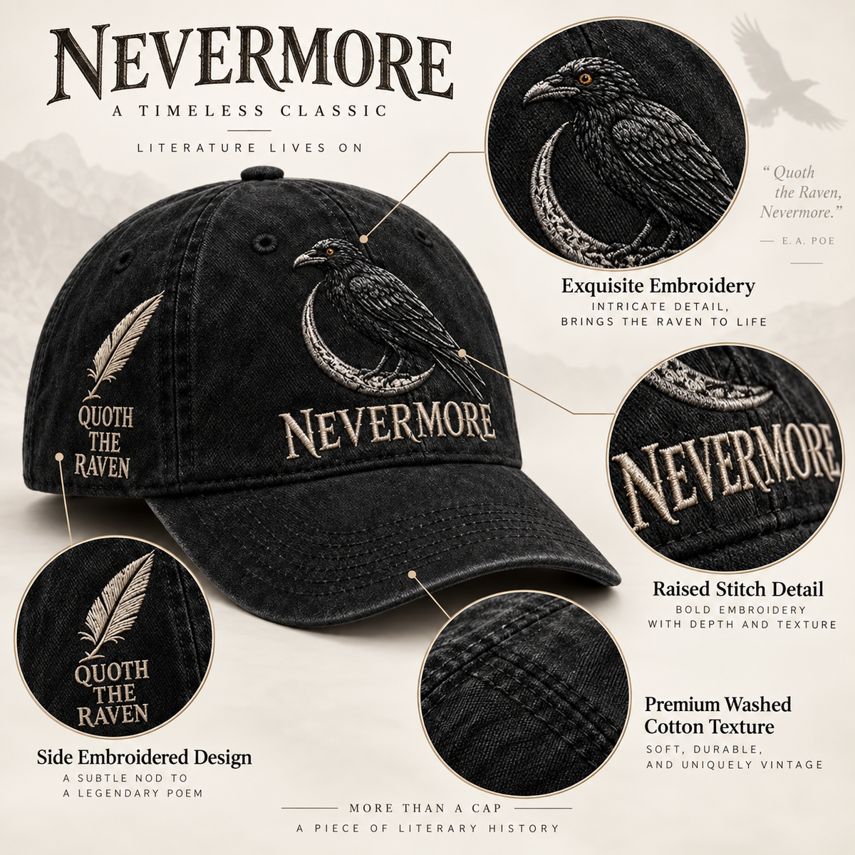 ⬛🐦Nevermore Embroidered Raven Vintage Cap | Gothic Bird Lover Hat