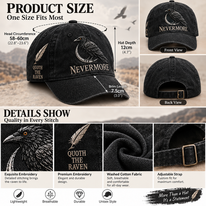 ⬛🐦Nevermore Embroidered Raven Vintage Cap | Gothic Bird Lover Hat