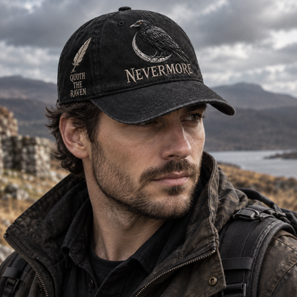 ⬛🐦Nevermore Embroidered Raven Vintage Cap | Gothic Bird Lover Hat
