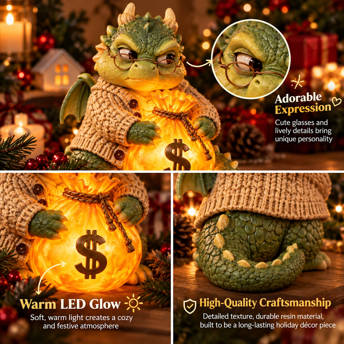 🎄✨ Lucky Fortune Chicken & Dragon LED Figurines – Glowing Money Bag Christmas Decor | Unique Holiday Gifts