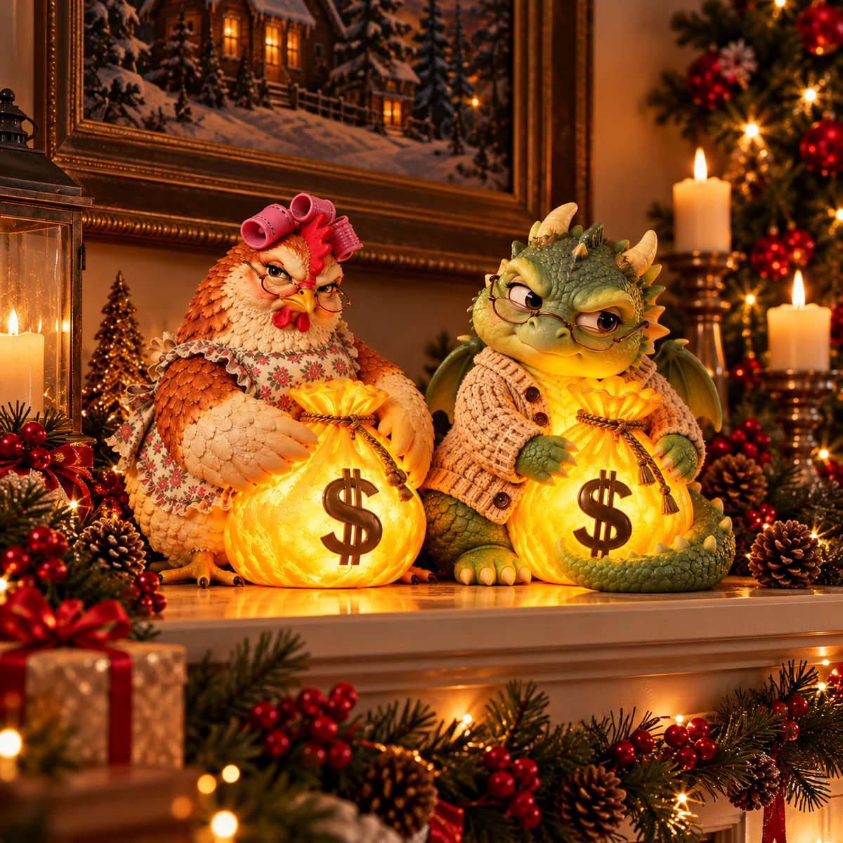 🎄✨ Lucky Fortune Chicken & Dragon LED Figurines – Glowing Money Bag Christmas Decor | Unique Holiday Gifts