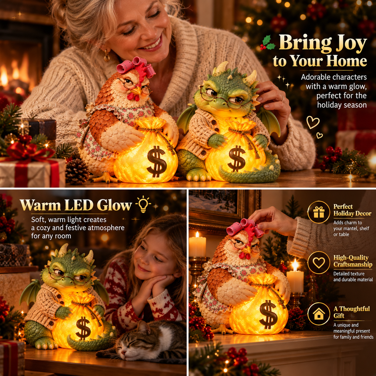 🎄✨ Lucky Fortune Chicken & Dragon LED Figurines – Glowing Money Bag Christmas Decor | Unique Holiday Gifts