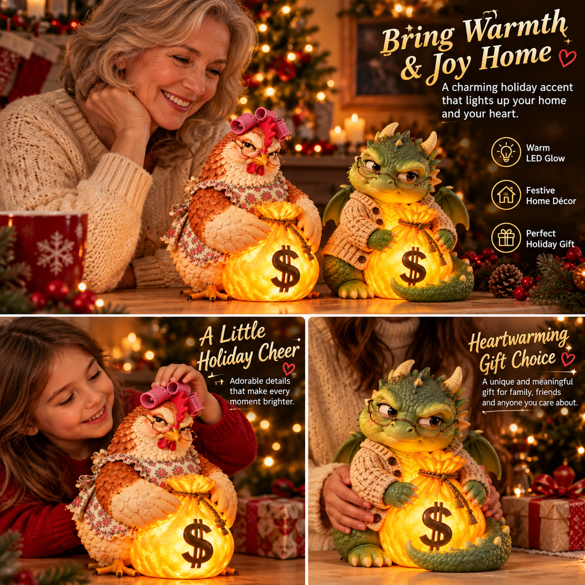 🎄✨ Lucky Fortune Chicken & Dragon LED Figurines – Glowing Money Bag Christmas Decor | Unique Holiday Gifts