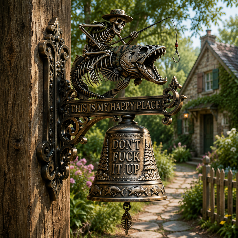 🎣 XL Upgraded Metal Skeleton Fisherman Wall Bell – The Ultimate Outdoor Conversation Piece