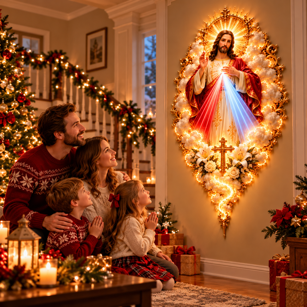 Divine Mercy Jesus Radiant Wall Art – Heavenly Religious Wall Decor with Golden Accents