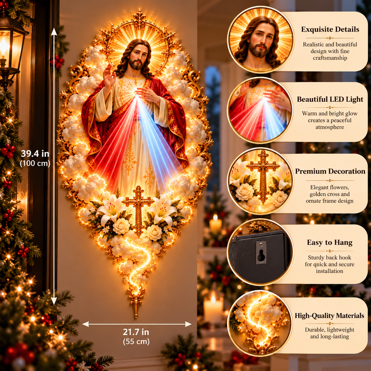 Divine Mercy Jesus Radiant Wall Art – Heavenly Religious Wall Decor with Golden Accents